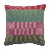 Isnel Pink Striped Cushion with ribbed, corded texture in horizontal bands of pink, green, blue, and mustard on a plain white background.