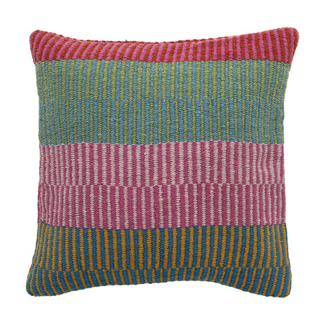 Isnel Pink Striped Cushion with ribbed, corded texture in horizontal bands of pink, green, blue, and mustard on a plain white background.