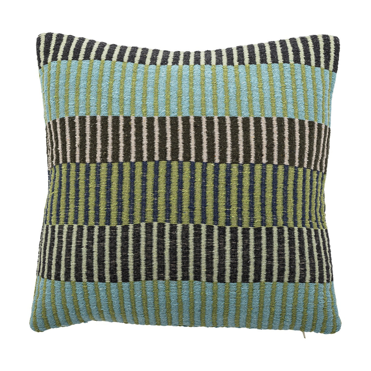 Isnel Green Striped Cushion in a woven fabric with horizontal bands of blue, green, black, and white stripes, shown square-shaped on a plain white background.