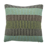Isnel Green Striped Cushion in a woven fabric with horizontal bands of blue, green, black, and white stripes, shown square-shaped on a plain white background.