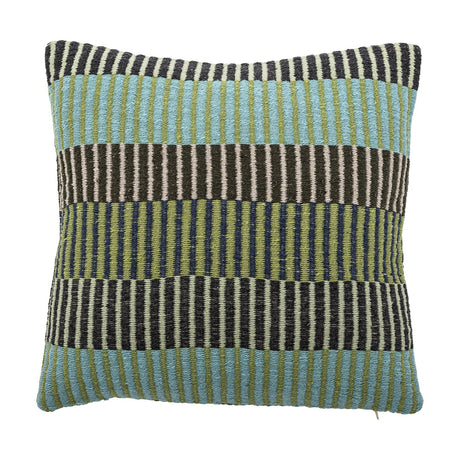 Isnel Green Striped Cushion in a woven fabric with horizontal bands of blue, green, black, and white stripes, shown square-shaped on a plain white background.