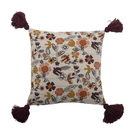 Vivielle Floral Cotton Cushion in multicoloured fabric, 45x45cm, with an all-over floral and bird print and burgundy corner tassels, shown on a plain white background.
