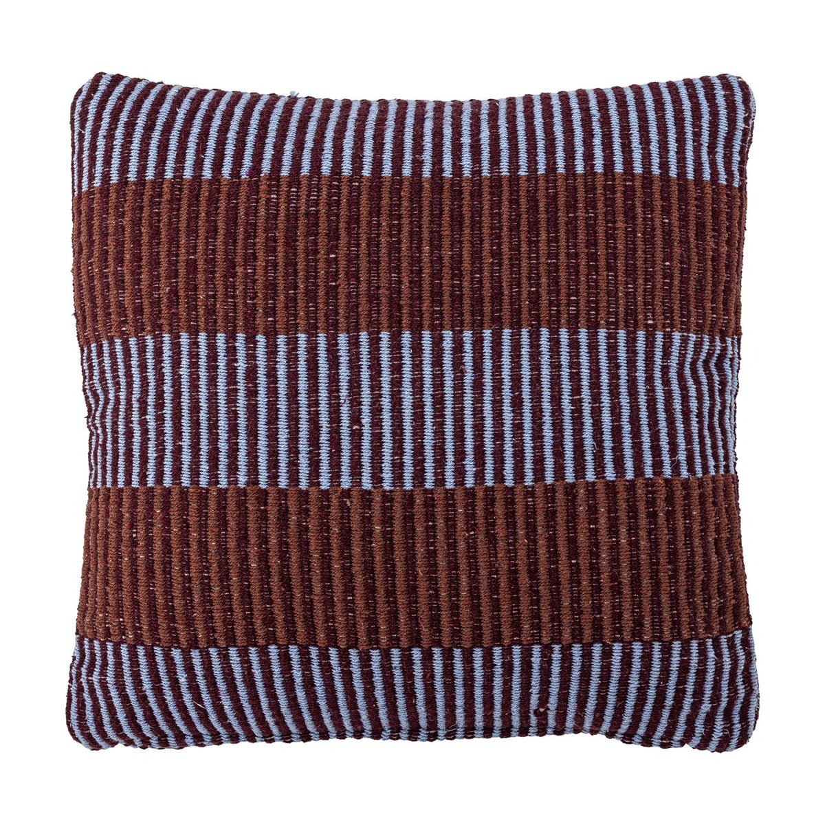 Isnel Brown Striped Cushion featuring wide ribbed brown bands alternating with fine light blue pinstripes, woven fabric, square shape, shown on a plain white background.