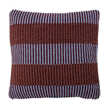 Isnel Brown Striped Cushion featuring wide ribbed brown bands alternating with fine light blue pinstripes, woven fabric, square shape, shown on a plain white background.