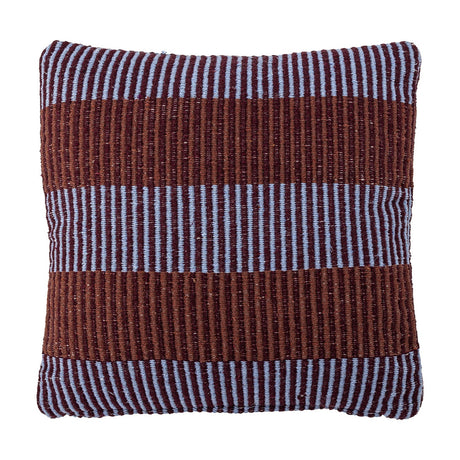 Isnel Brown Striped Cushion featuring wide ribbed brown bands alternating with fine light blue pinstripes, woven fabric, square shape, shown on a plain white background.