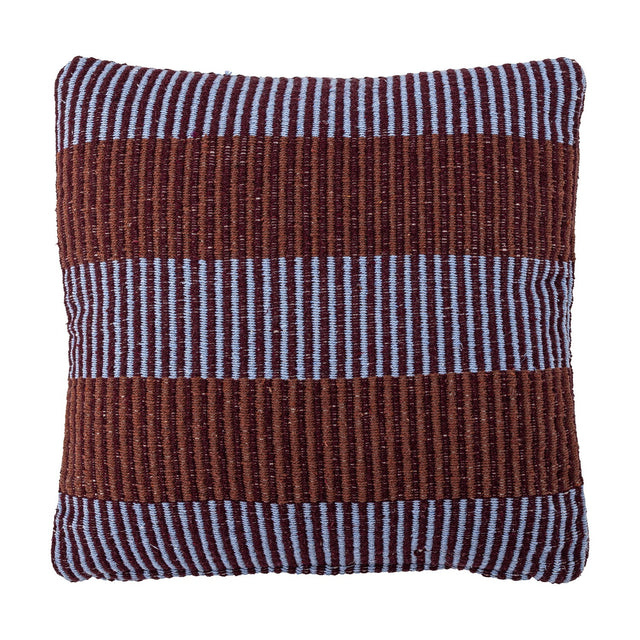 Isnel Brown Striped Cushion featuring wide ribbed brown bands alternating with fine light blue pinstripes, woven fabric, square shape, shown on a plain white background.