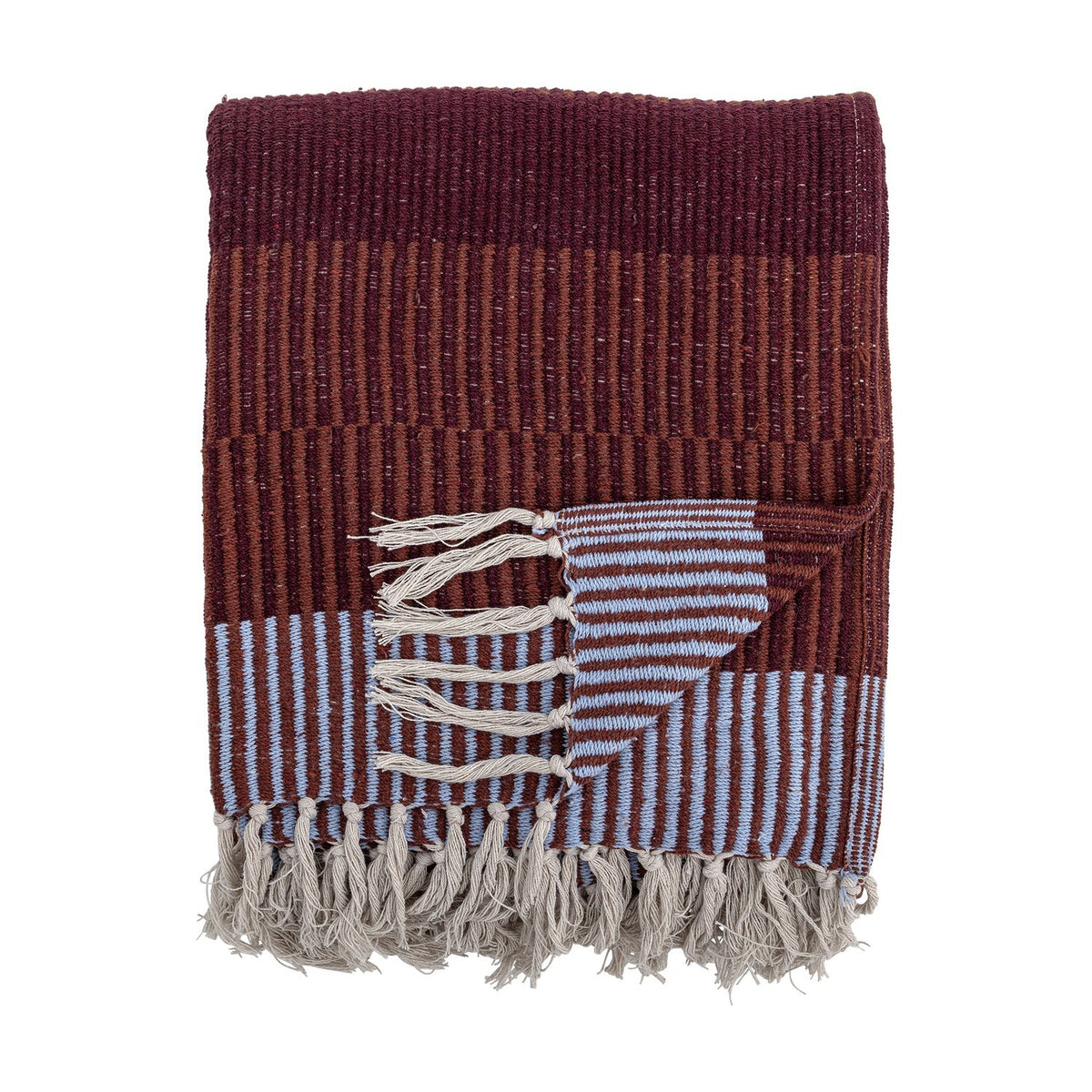 Isnel Red Striped Throw in multicoloured stripes with a ribbed, corded weave, folded with knotted fringe tassels visible, shown against a plain white background.