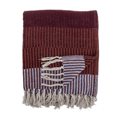 Isnel Red Striped Throw in multicoloured stripes with a ribbed, corded weave, folded with knotted fringe tassels visible, shown against a plain white background.