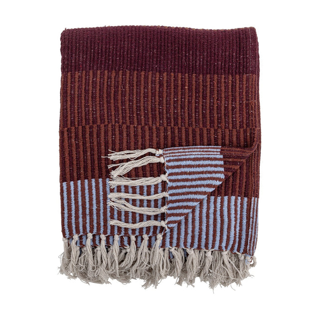 Isnel Red Striped Throw in multicoloured stripes with a ribbed, corded weave, folded with knotted fringe tassels visible, shown against a plain white background.