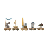 Alfi wooden birthday train with five linked wagons featuring a rabbit holding a Happy B-day flag, number 4 cake, wrapped gift with candle, windmill, and mushroom with ladybird.