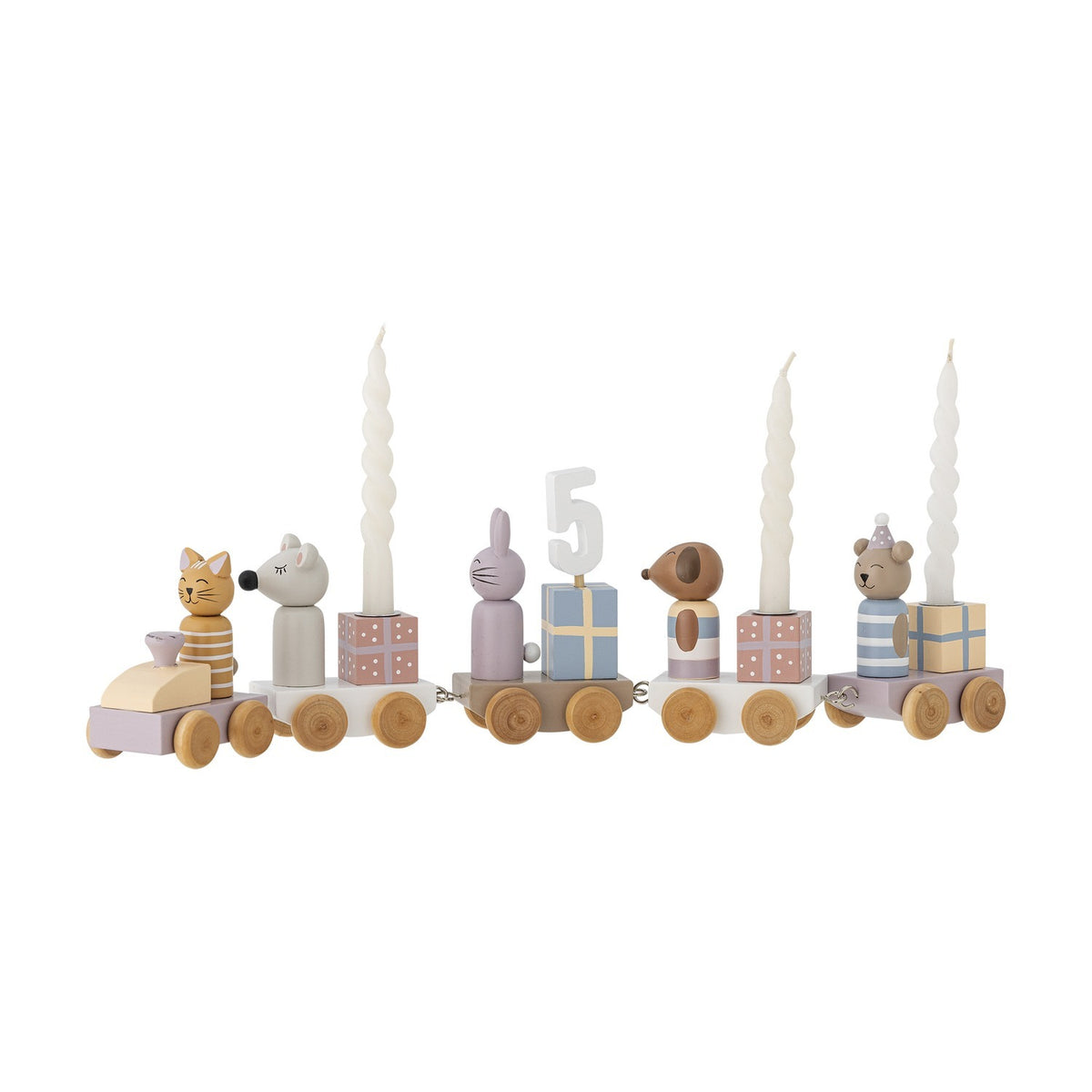 Wooden birthday train with engine and four wagons featuring a cat, mouse, rabbit, dog and party-hatted bear, with gift blocks and a number 5 candle, on a white background.