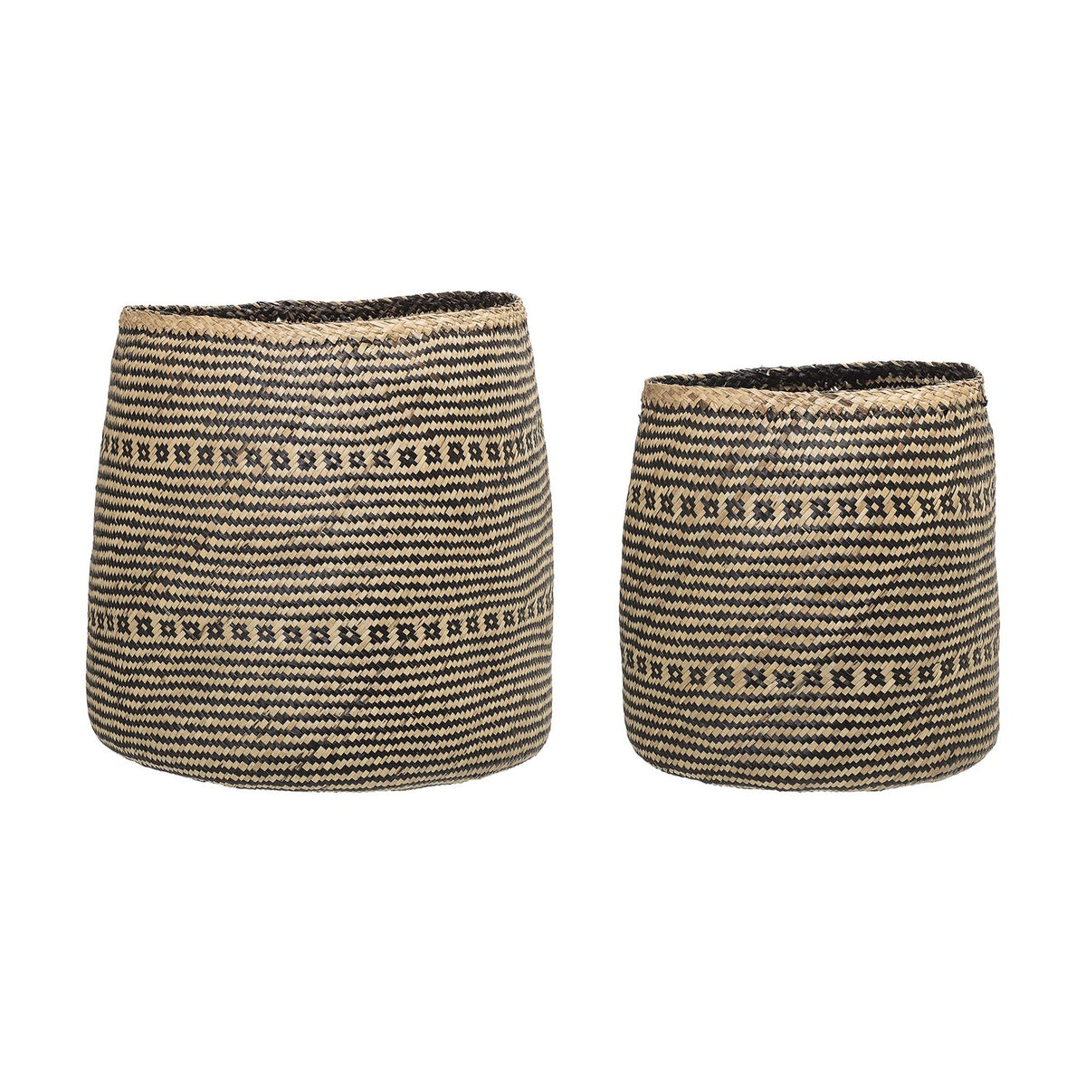 Heddy Seagrass Baskets Set of 2 in black, two round tapered storage baskets with zigzag stripes and cross motif bands, woven rims, on a plain white background.
