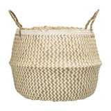 Floria Seagrass Basket in natural, a round belly-shaped storage basket with two-tone zigzag weave, twisted handles on the rim, shown on a plain white background.