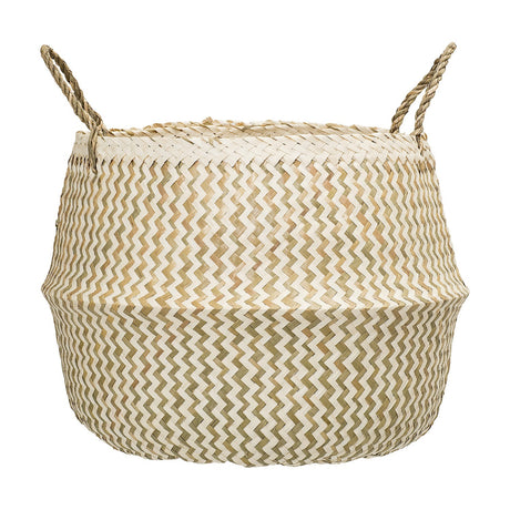 Floria Seagrass Basket in natural, a round belly-shaped storage basket with two-tone zigzag weave, twisted handles on the rim, shown on a plain white background.