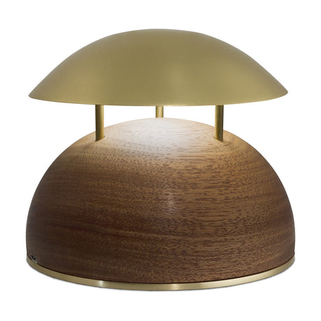 Bell LED Wooden Rechargeable Outdoor Table Lamp IP45, featuring a domed brass-coloured metal shade on three slim rods above a half-round wood base with a brass ring foot.