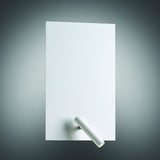Flat Twin Switch Wall Light with Reading Light in white, featuring a rectangular flat iron plate with a slim cylindrical LED reading light at the lower corner, shown against a plain grey background.