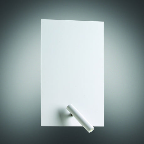 Flat Twin Switch Wall Light with Reading Light in white, featuring a rectangular flat iron plate with a slim cylindrical LED reading light at the lower corner, shown against a plain grey background.