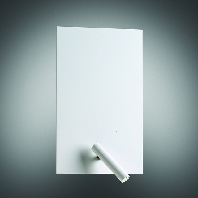 Flat Twin Switch Wall Light with Reading Light in white, featuring a rectangular flat iron plate with a slim cylindrical LED reading light at the lower corner, shown against a plain grey background.