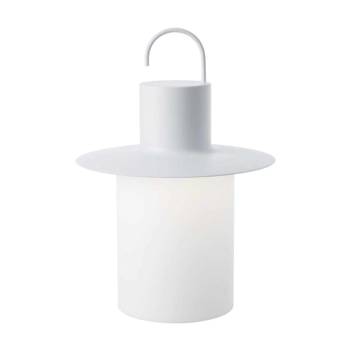 Nautic LED Rechargeable Outdoor Table Lamp in white, lantern-shaped with a curved hook handle, cylindrical cap, wide flat brim and glowing cylindrical diffuser, shown on a plain white background.