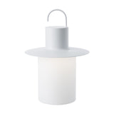 Nautic LED Rechargeable Outdoor Table Lamp in white, lantern-shaped with a curved hook handle, cylindrical cap, wide flat brim and glowing cylindrical diffuser, shown on a plain white background.