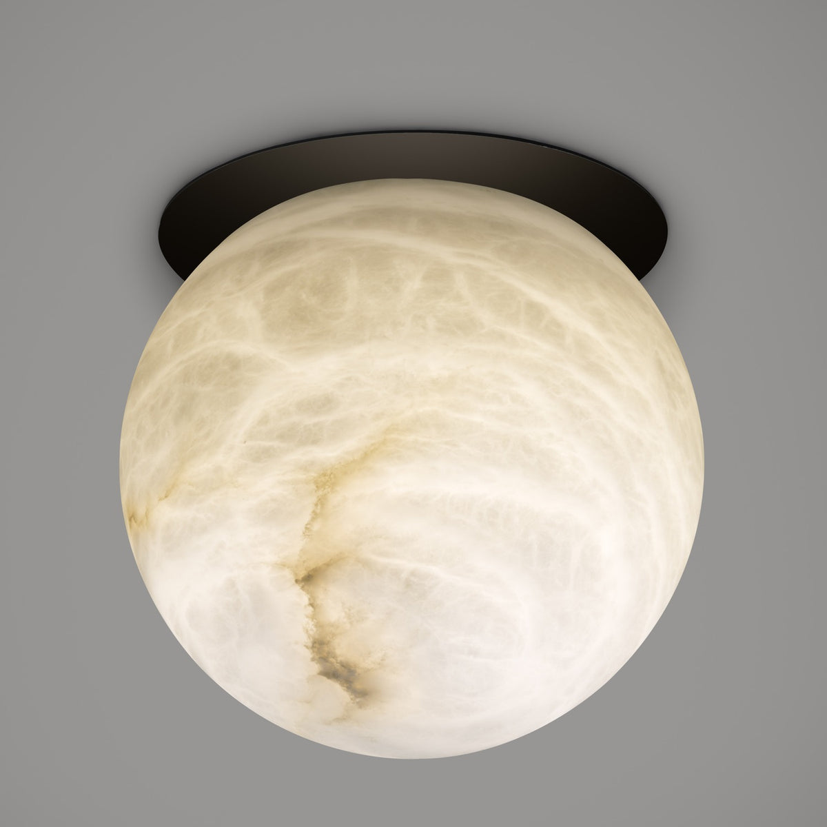 Halvessa LED Alabaster Downlight in black, featuring a round alabaster globe with grey and brown veining set beneath a black iron ceiling trim, shown against a plain grey background.