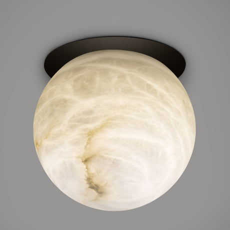 Halvessa LED Alabaster Downlight in black, featuring a round alabaster globe with grey and brown veining set beneath a black iron ceiling trim, shown against a plain grey background.