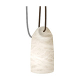 Paros Alabaster Pendant Light in white, a single tapered alabaster shade with soft grey veining on a brown cord, shown against a plain white background.