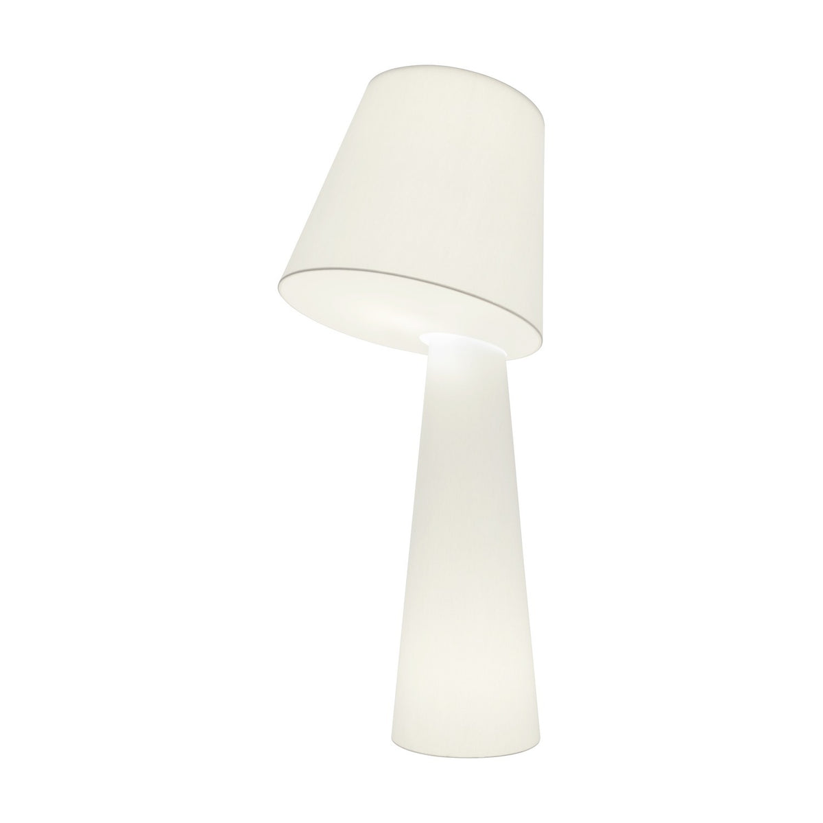 Big Brother 3 Light Fabric Floor Lamp in white, featuring a tall tapering base with a tilted drum shade, both softly glowing, shown on a plain white background.
