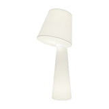 Big Brother 3 Light Fabric Floor Lamp in white, featuring a tall tapering base with a tilted drum shade, both softly glowing, shown on a plain white background.