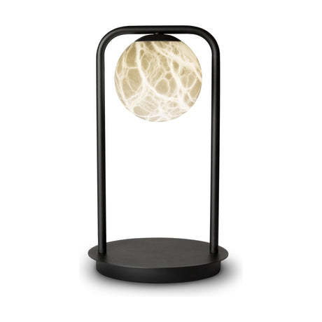 Halvessa LED Alabaster Table Lamp in black, featuring a veined alabaster globe glowing warm white atop a slim arched iron frame with round flat base, on a plain white background.