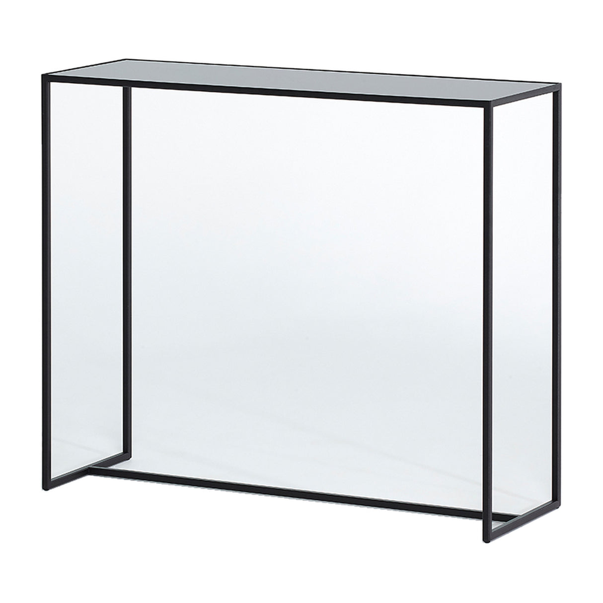 Console table built from double sided mirrored glass panels held in a slim black metal frame, on a plain white background.