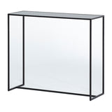 Console table built from double sided mirrored glass panels held in a slim black metal frame, on a plain white background.
