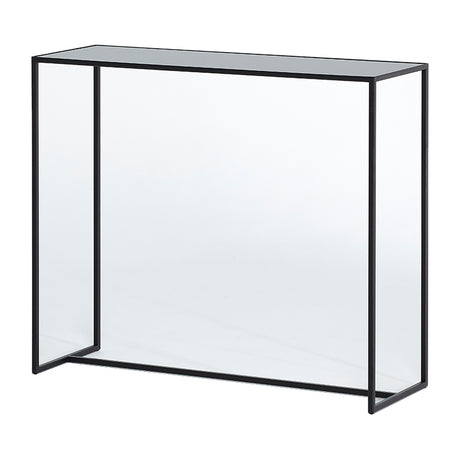 Console table built from double sided mirrored glass panels held in a slim black metal frame, on a plain white background.