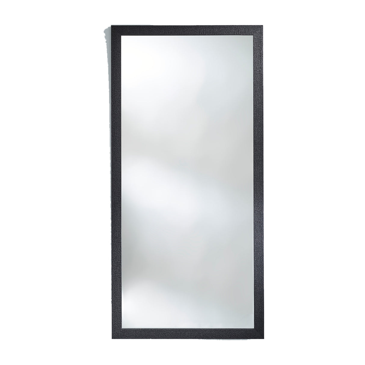 Full length rectangular mirror in a thick wooden frame with a charred black crackled surface, on a plain white background.