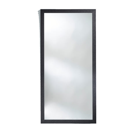 Full length rectangular mirror in a thick wooden frame with a charred black crackled surface, on a plain white background.