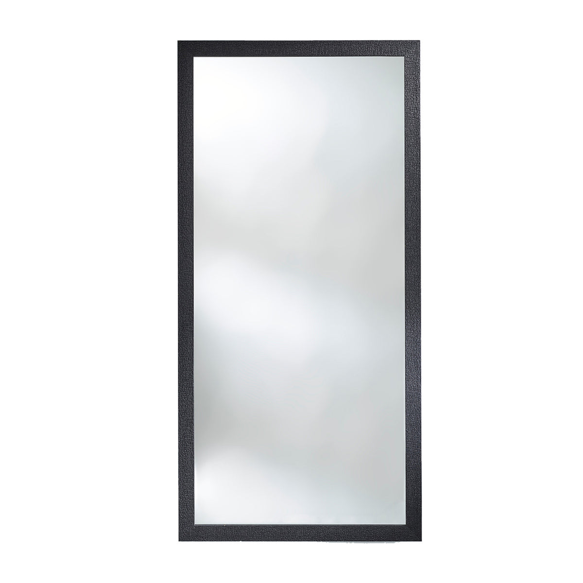 Full length rectangular mirror in a thick wooden frame with a charred black crackled surface, on a plain white background.
