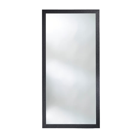 Full length rectangular mirror in a thick wooden frame with a charred black crackled surface, on a plain white background.