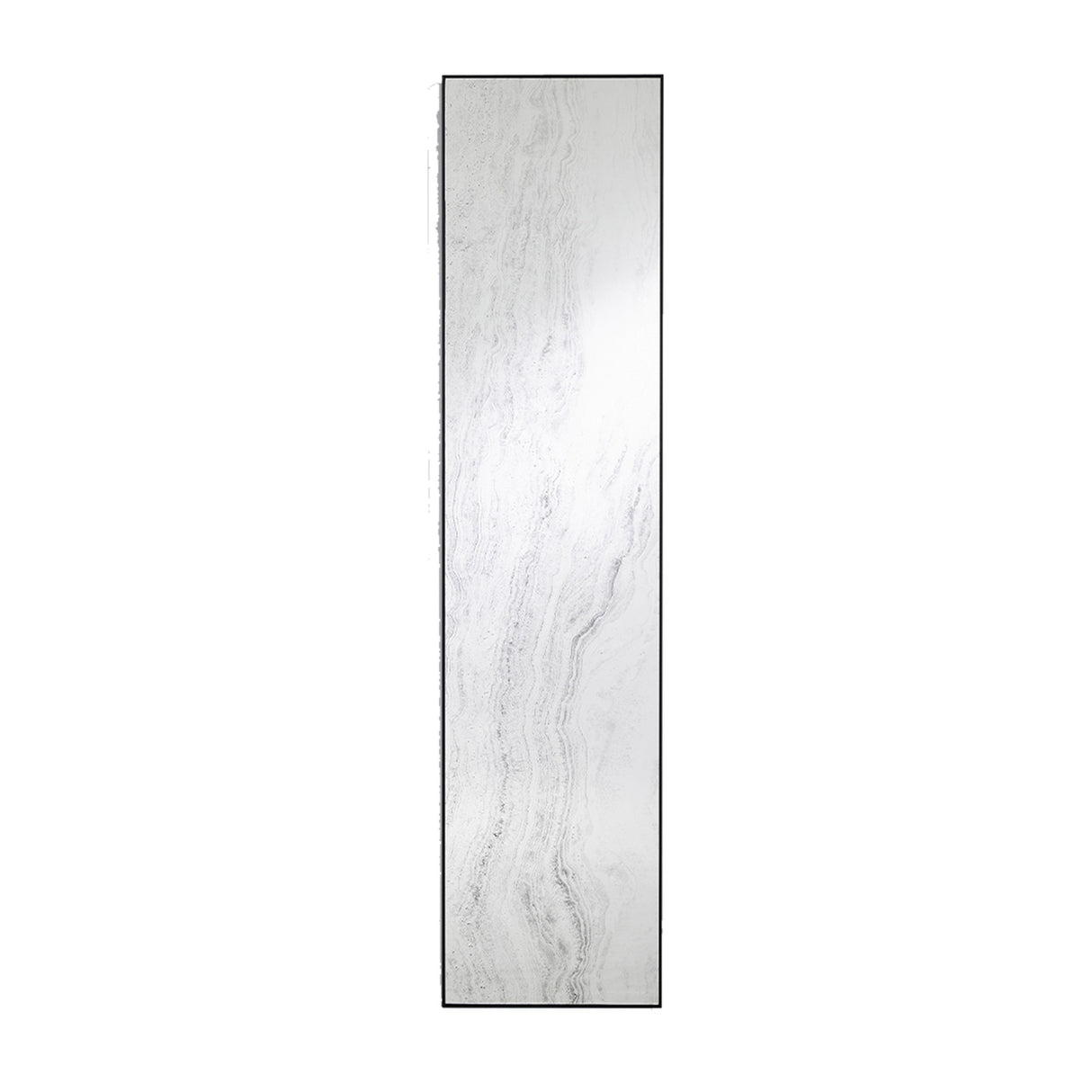 Tall narrow rectangular mirror printed with a pale grey stone pattern, held in a slim black metal frame, on a plain background.