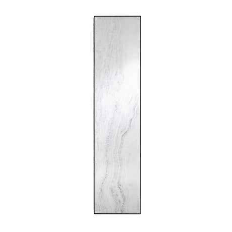 Tall narrow rectangular mirror printed with a pale grey stone pattern, held in a slim black metal frame, on a plain background.