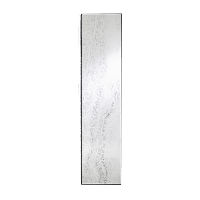 Tall narrow rectangular mirror printed with a pale grey stone pattern, held in a slim black metal frame, on a plain background.