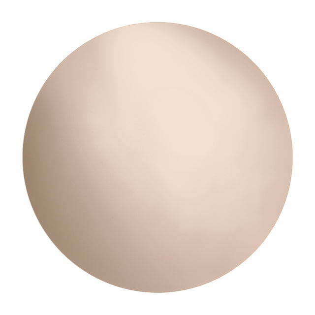 Round frameless mirror in bronze tinted glass with an indirect warm white light behind it, on a plain white background.