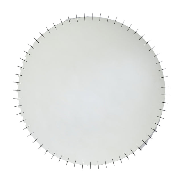Round mirror ringed by small black discs set at even intervals around the whole edge, on a plain white background.