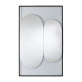 Rectangular mirror on partly transparent printed glass, two tall rounded forms overlapping at the centre, on a plain background.