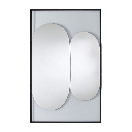 Rectangular mirror on partly transparent printed glass, two tall rounded forms overlapping at the centre, on a plain background.