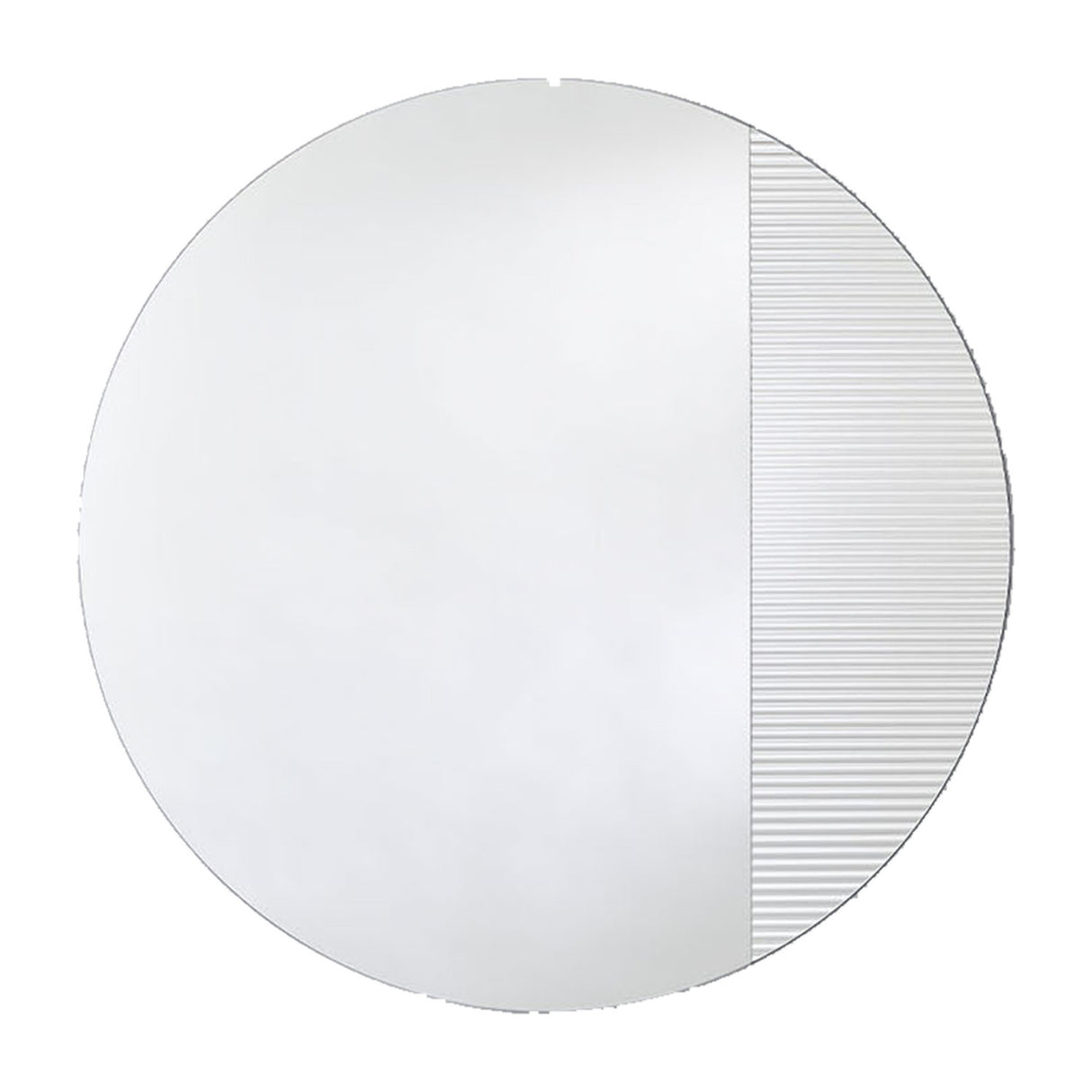 Round frameless mirror, one part plain and one part vertically fluted so the reflection breaks into bands, on a plain background.