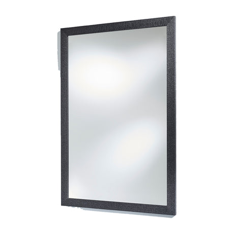 The charred wood framed rectangular mirror turned to an angle, showing the depth of the timber and its crackled black surface.