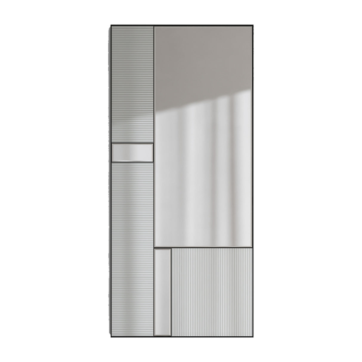 Full length mirror combining fluted and plain mirrored panels in a black metal frame, laid out like a window pane.