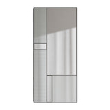 Full length mirror combining fluted and plain mirrored panels in a black metal frame, laid out like a window pane.