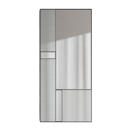 Full length mirror combining fluted and plain mirrored panels in a black metal frame, laid out like a window pane.