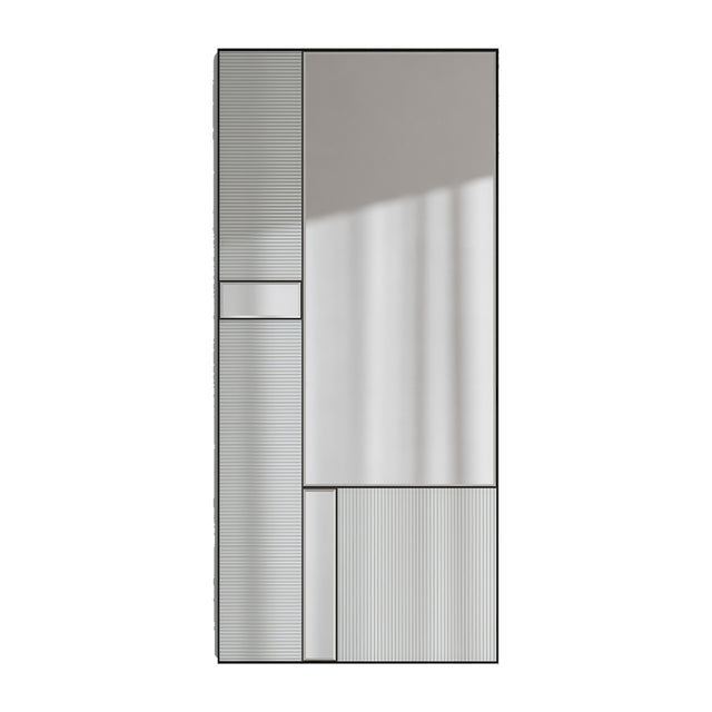 Full length mirror combining fluted and plain mirrored panels in a black metal frame, laid out like a window pane.